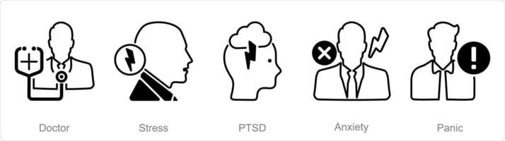 uma conjunto do 5 saúde mental ícones Como doutor, estresse, ptsd vetor