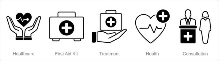 uma conjunto do 5 farmacia ícones Como saúde Cuidado, primeiro ajuda kit, tratamento vetor