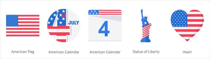 uma conjunto do 5 América independência dia ícones Como americano bandeira, americano calendário, estátua do liberdade vetor