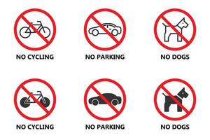 proibido sinais ícone definir. não ciclismo, estacionamento, cães. vetor ilustração.