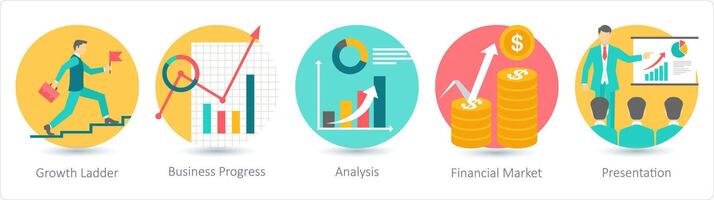 uma conjunto do 5 o negócio ícones Como crescimento escada, o negócio progresso, análise vetor