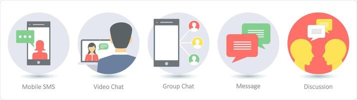 uma conjunto do 5 comunicação ícones Como Móvel SMS, vídeo bater papo, grupo bate-papo vetor