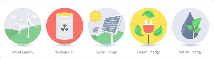 uma conjunto do 5 ecologia ícones Como vento energia, nuclear pode, solar energia vetor