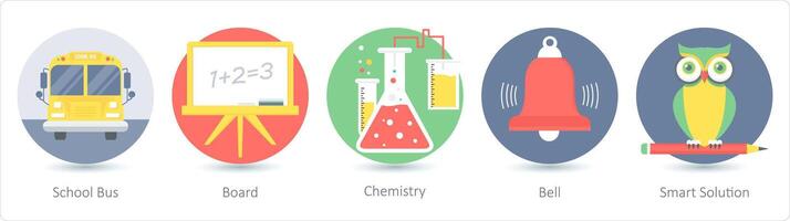 uma conjunto do 5 Educação ícones Como escola ônibus, quadro, química vetor