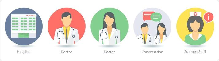 uma conjunto do 5 médico ícones Como hospital, doutor, conversação vetor