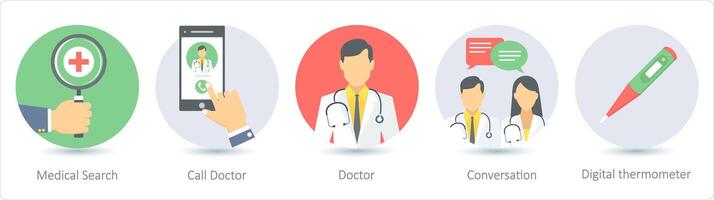 uma conjunto do 5 médico ícones Como médico procurar, ligar doutor, médico vetor
