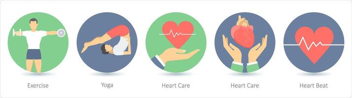 uma conjunto do 5 médico ícones Como exercício, ioga, coração Cuidado vetor
