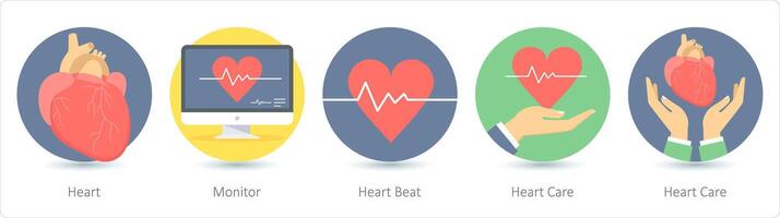 uma conjunto do 5 médico ícones Como coração, monitor, coração batida vetor