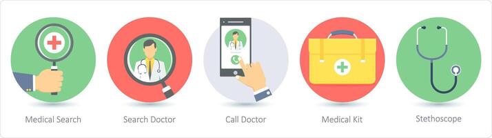 uma conjunto do 5 médico ícones Como médico procurar, procurar doutor, ligar médico vetor