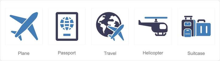 uma conjunto do 5 misturar ícones Como avião, Passaporte, viagem vetor