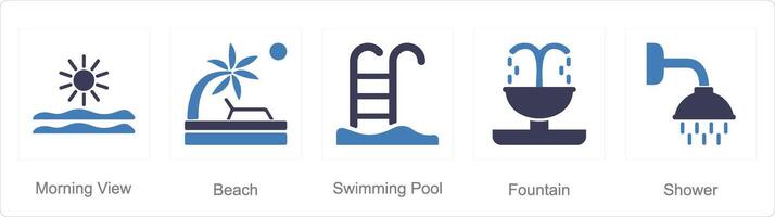 uma conjunto do 5 misturar ícones Como manhã visualizar, praia, natação piscina vetor