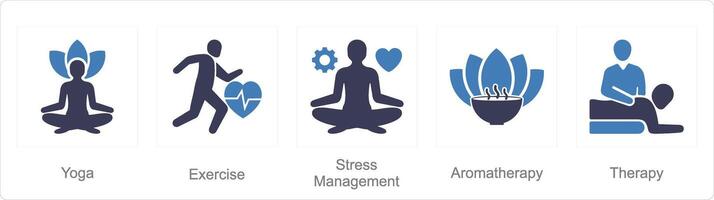 uma conjunto do 5 misturar ícones Como ioga, exercício, estresse gestão vetor