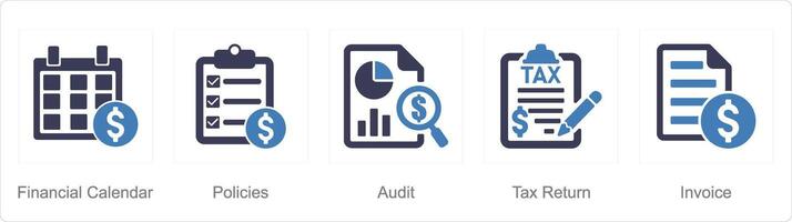 uma conjunto do 5 contabilidade ícones Como financeiro calendário, políticas, auditar vetor