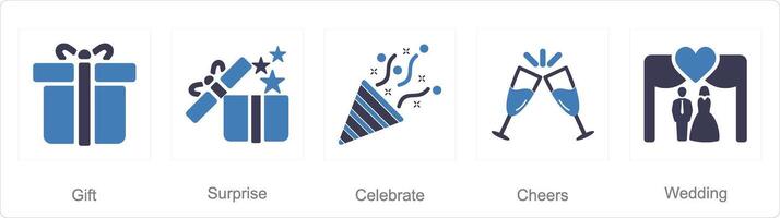 uma conjunto do 5 comemoro ícones Como convite, evento, Felicidades vetor