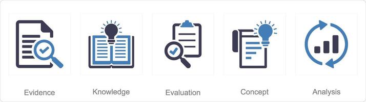 uma conjunto do 5 pensamento crítico ícones Como evidência, conhecimento, avaliação vetor