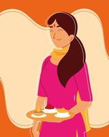 mulher hindu segurando comida vetor