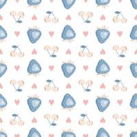 bonito padrão sem emenda com morangos azuis, cereja e corações. impressão delicada para papel de embrulho, têxteis e design vetor
