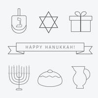 hanukkah feriado design plano ícones de linha fina preta definidos com texto em inglês feliz hanukkah vetor