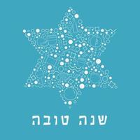 Rosh Hashaná feriado design plano ícones de linhas finas brancas em formato de estrela de David com texto em hebraico vetor