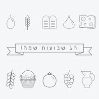 shavuot holiday flat design ícones de linhas finas pretas com texto em hebraico vetor