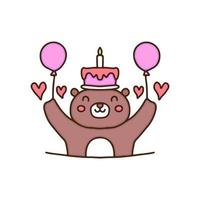 urso feliz com bolo de aniversário e desenhos de balões, ilustração para adesivos e camiseta. vetor