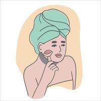 mulher usando rolo de massagem facial. conceito de cuidados com a pele e beleza. ilustração vetorial desenhada à mão vetor