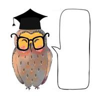 ilustração vetorial colorida de coruja fofa em chapéu de pós-graduação e balão de fala vetor