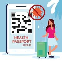mulher viajante e passaporte de saúde vetor