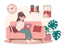 mulher sentado em sofá e trabalhando ou estudar conectados através da computador portátil vetor