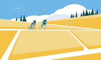 ciclistas entre uma florescendo amarelo campo. minimalista panorama. estação vetor plano ilustração. meio Ambiente e ecológico transporte
