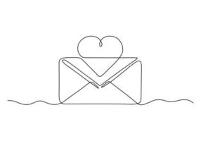 contínuo solteiro linha desenhando do carta envelope com amor celebração esboço vetor ilustração