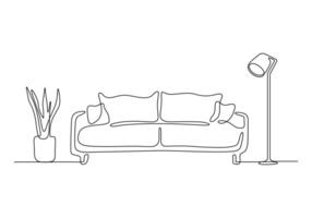 contínuo 1 linha desenhando do sofá ou sofá com luminária e em vaso plantar. moderno mobília simples linear estilo vetor ilustração