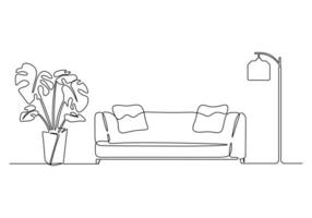 contínuo 1 linha desenhando do sofá ou sofá com luminária e em vaso plantar. moderno mobília simples linear estilo vetor ilustração