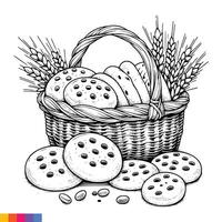 padaria cesta. padaria Comida mão desenhado linha arte ilustração para a coloração livro. Comida linha arte para uma coloração página. vintage esboço vetor gráficos.