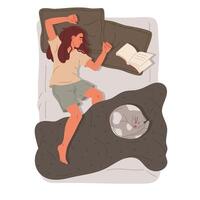 menina e dela animal relaxante debaixo cobertor. fêmea personagem em repouso dentro cama com fofa gato plano mão desenhado vetor ilustração. dormindo pessoa dentro cama