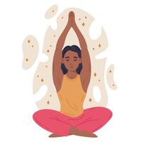 rabisco meditando garota. fêmea personagem alívio estresse dentro ioga lótus pose, acalmado humano meditando conceito. tranqüilidade, calma e meditação plano vetor ilustração