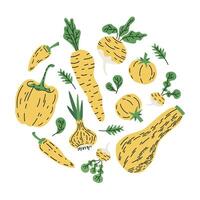 amarelo legumes. mão desenhado rabisco vegetais, abóbora, tomate, Pimenta vetor ilustração símbolos definir. saudável estilo de vida delicioso vegetariano orgânico vitaminas Comida