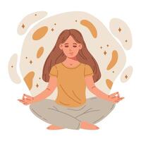 fêmea sentado dentro ioga lótus pose. meditando tranquilo mulher, meditação e respiração exercício. estresse alívio e relaxamento plano vetor ilustração