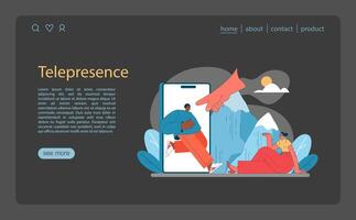 telepresença dentro virtual turismo. homem interage com uma gigante Smartphone vetor