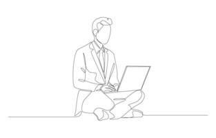 contínuo 1 linha desenhando do homem de negocios sentado de pernas cruzadas em a chão trabalhando com computador portátil, o negócio conceito, solteiro linha arte. vetor