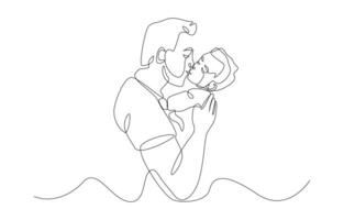 contínuo 1 linha desenhando do pai segurando e se beijando criança, pai e filho conceito, solteiro linha arte. vetor