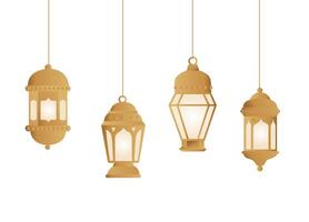 conjunto do dourado tradição árabe lanterna lâmpadas suspensão para eid al adha. islâmico arte estilo fundo. vetor