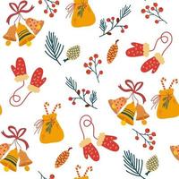 padrão sem emenda de elementos de Natal. sinos, luvas, saco de doces, cones, bagas e galhos. férias de inverno aconchegantes. fundo de inverno para tecido, têxtil, roupas, scrapbooking de papel, planejador. vetor