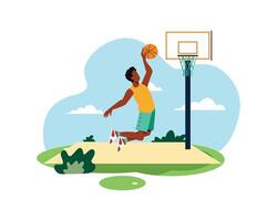jovem homem pulando jogando basquetebol dentro a parque. ativo estilo de vida Projeto para esporte conceito e ilustração. vetor