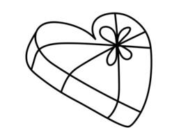 mão desenhado desenho animado ilustração do esboço coração em forma presente caixa com arco. fofa rabisco simples dia dos namorados dia linha arte. plano vetor amor, romântico adesivo, ícone ou imprimir. isolado em branco fundo.