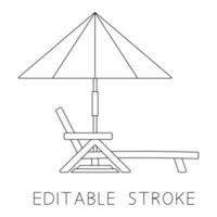 espreguiçadeira, lounge ou espreguiçadeira com guarda-sol. contorno, vetor de curso editável. ícone linear de guarda-chuva de praia ou piscina com espreguiçadeira. símbolo de contorno