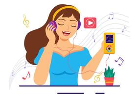 mp3 jogador vetor ilustração com musical notação, fones de ouvido, fone de ouvido e telefone do música ouvindo dispositivos dentro Móvel aplicativo em plano fundo