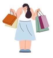 animado mulher segurando bolsas a partir de lojas e lojas vetor