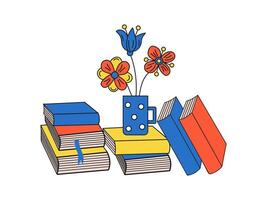 empilhado livros, uma caneca com flores amor do lendo e Aprendendo conceito. livro coleção ilustração, plano estilo, clipart, isolado fundo. vetor