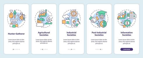 tipos do sociedade onboarding Móvel aplicativo tela. social desenvolvimento passo a passo 5 passos editável gráfico instruções com linear conceitos. interface do usuário, ux, gui modelo vetor